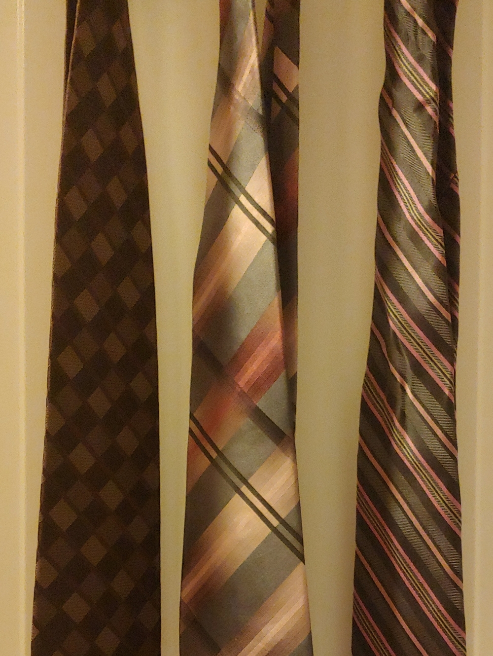 Set of Three Men's Silk-Feel Neckties in Brown, Gray, and Pink Accents